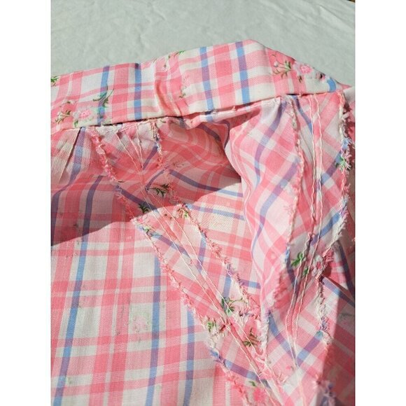Vintage 70's Pink Plaid Button-Up Blouse Floral Print Puff Sleeves Handmade - Picture 11 of 11